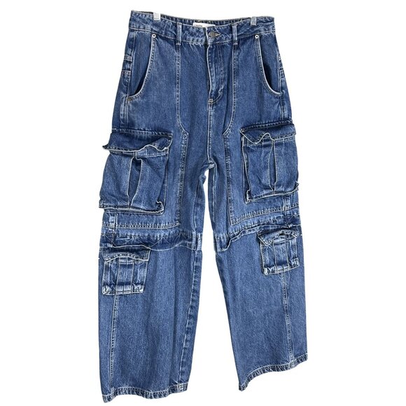 Zara Womens 6 Baggy Hi Rise Wide Leg Utility Multi Pocket Cargo Blue Denim - Picture 8 of 16